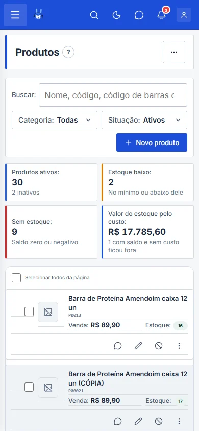 Lista de produtos com custo, venda e estoque, no celular
