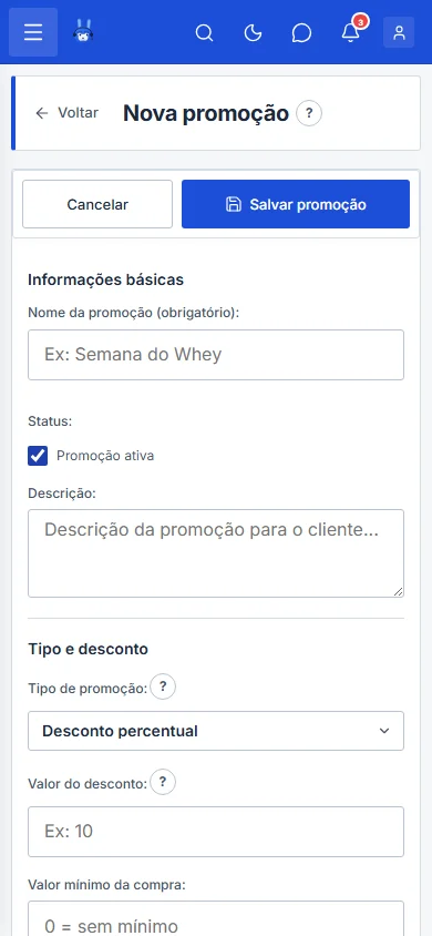 Formulário Nova promoção, no celular