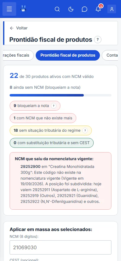Prontidão fiscal de produtos com os selos e a aplicação em massa, no celular