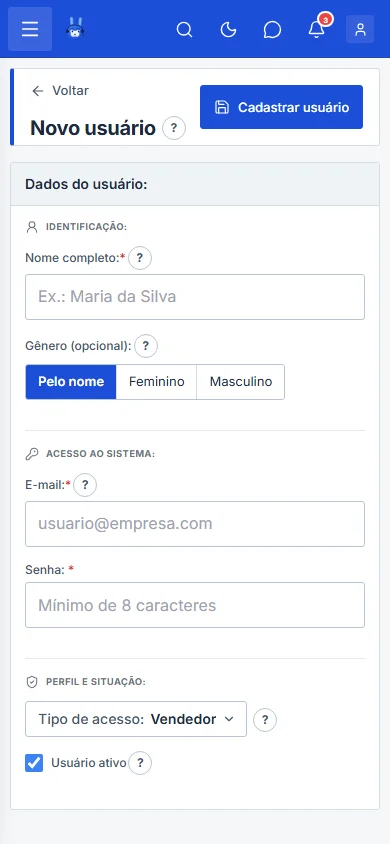 Formulário Novo usuário, com o tipo de acesso e os módulos permitidos, no celular