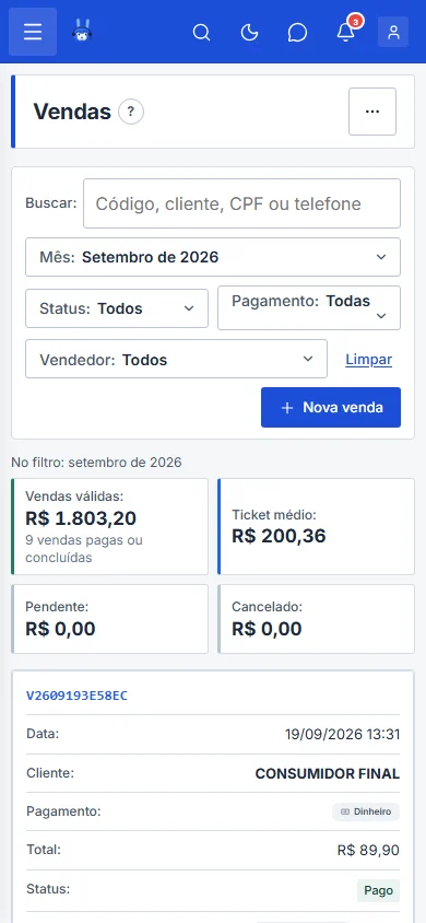 Lista de vendas com a coluna Fiscal, no celular
