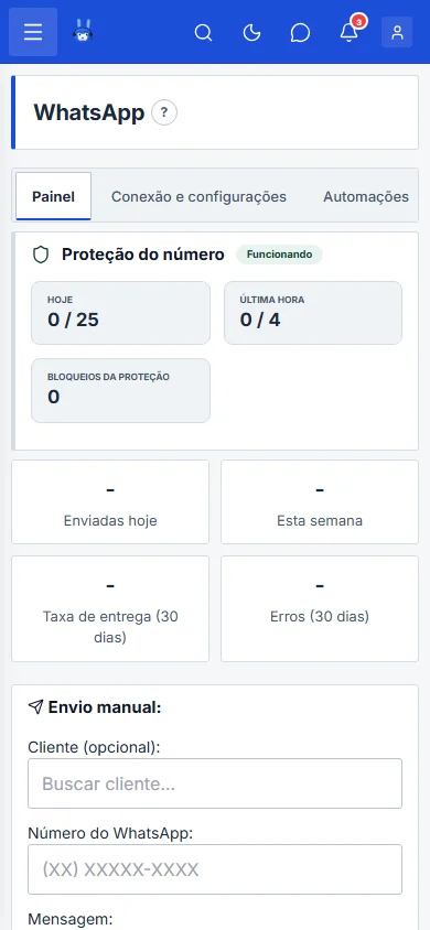 Tela WhatsApp com a saúde anti-ban e o envio manual, no celular